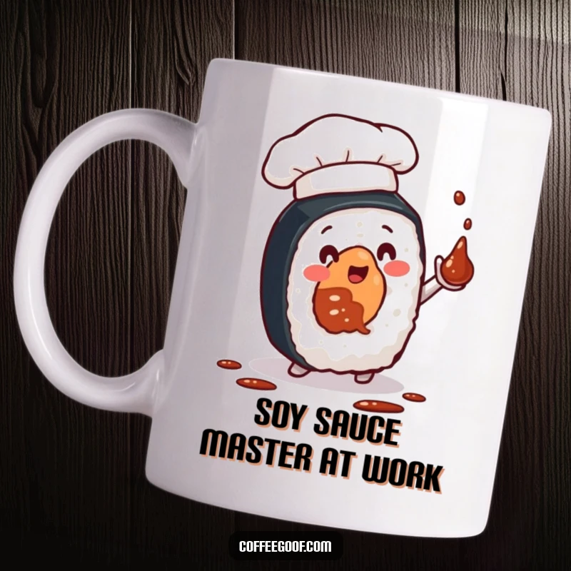 Funny mug featuring a sushi roll character in a chef hat, expertly juggling soy sauce bottles with a playful grin, a truly comical sight.