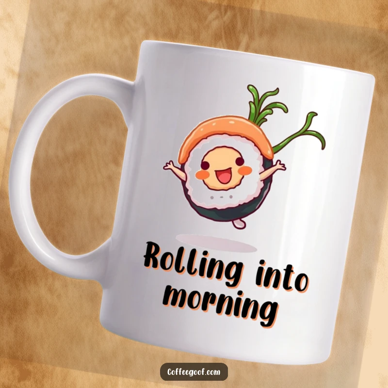 Funny Sushi Mug: A happy sushi roll character performing a cartwheel with a flair of seaweed, full of playful energy.
