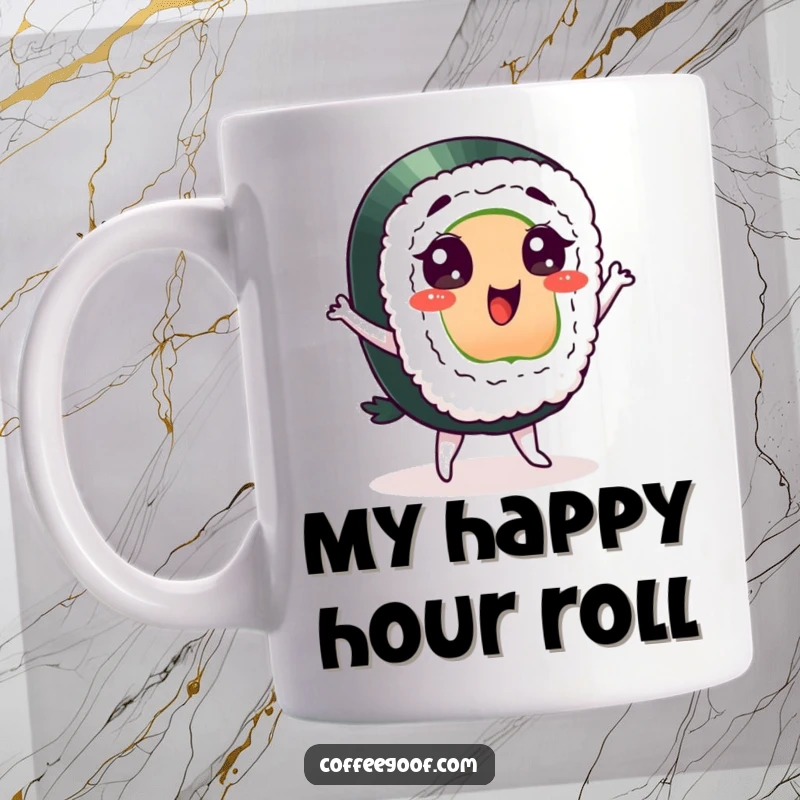 Funny sushi mug, a delighted character doing a silly dance, symbolizing joy, Japanese food, and a love for music.