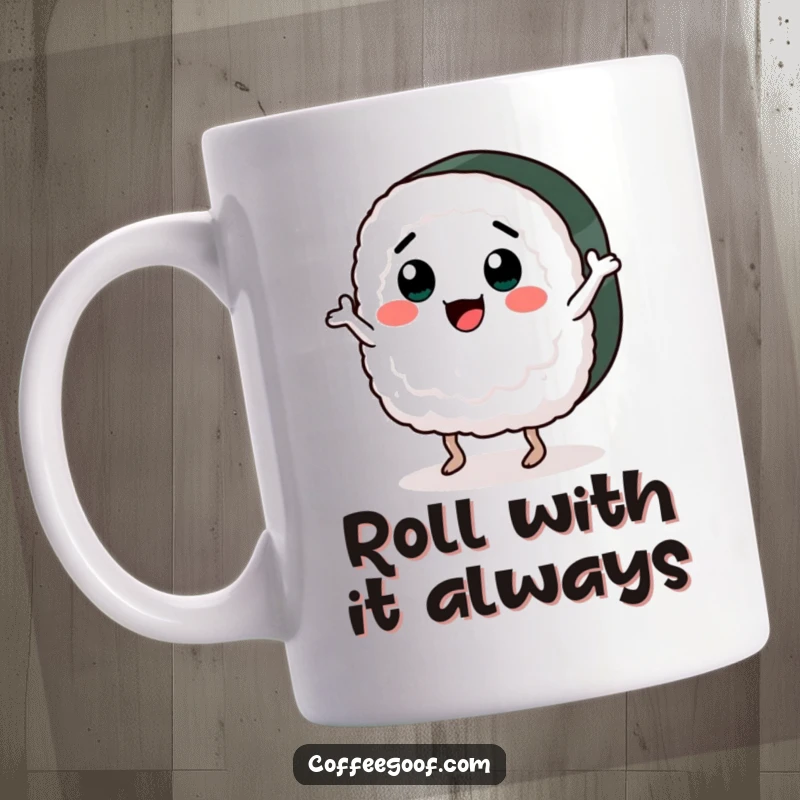 Funny mug illustration of a happy sushi piece with eyes and a mouth, energetically dancing a jig. Whimsical and fun drinkware for sushi enthusiasts.