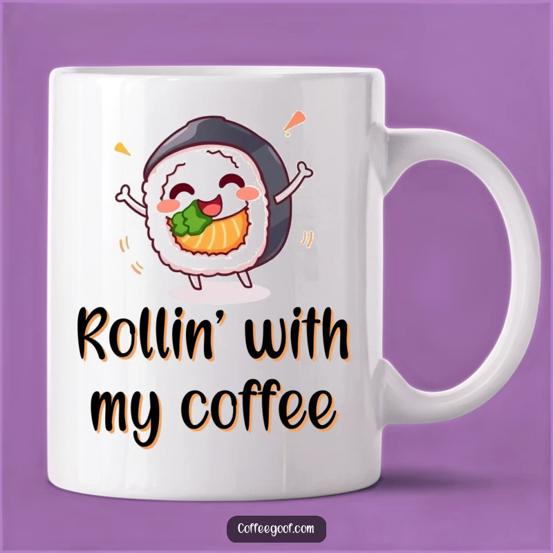 Funny Sushi Roll Mug: Happy Spinning Character Design, Perfect Gift for Foodies