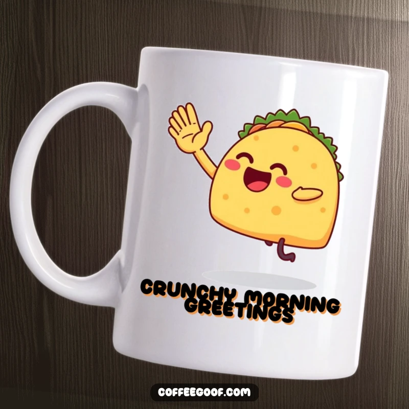 Funny mug featuring a taco with legs, enthusiastically attempting a high-five with a goofy, excited expression, full of personality.