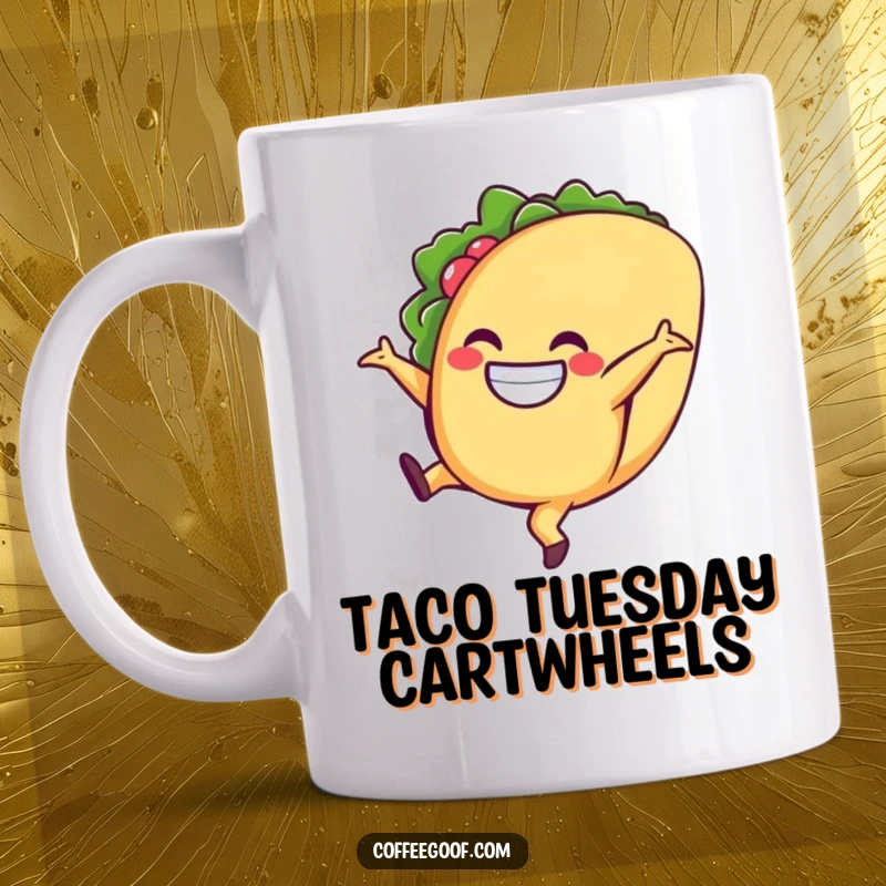 Funny taco mug, a smiling character doing a cartwheel with excitement, symbolizing fun, Mexican food, and a love for adventure.