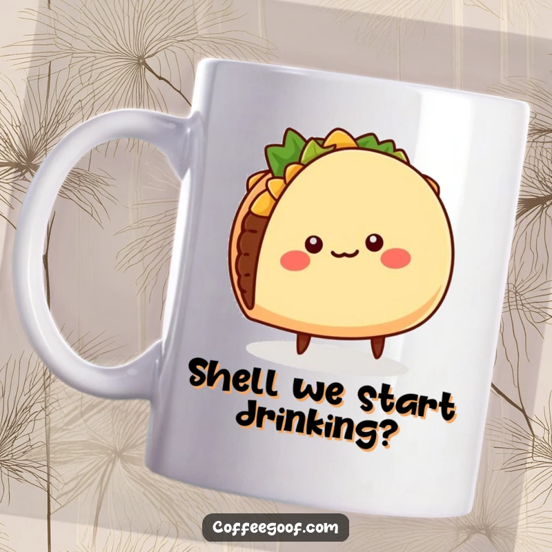 Funny Taco Mug: Cheerful, round taco character wiggling its shell and tiny legs with pure joy, perfect for taco enthusiasts.