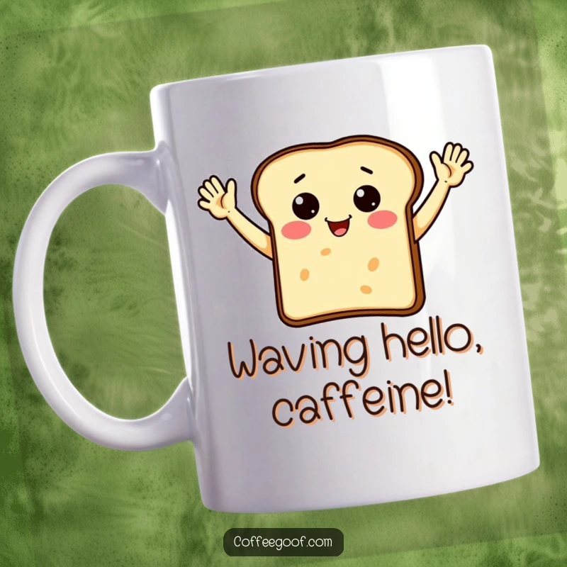 Funny piece of toast character with arms enthusiastically waving hello, radiating morning cheerfulness.