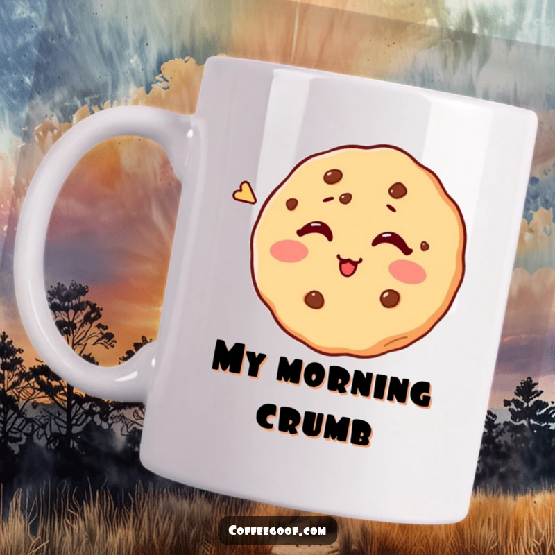Funny mug showing a round, smiling cookie with one eye closed in a comical, failed attempt to wink back.