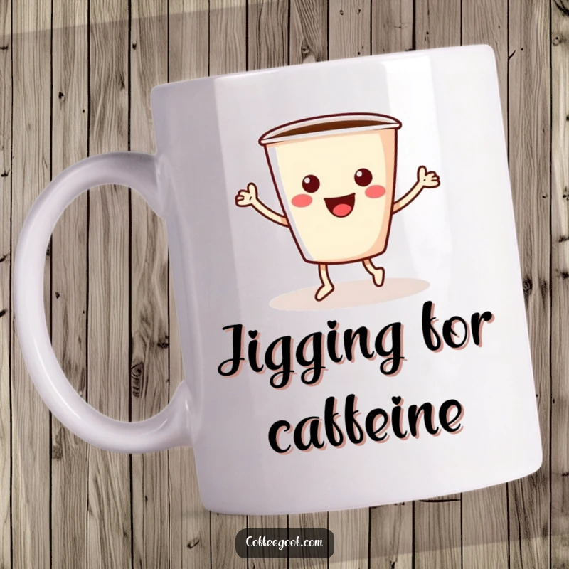 Funny coffee mug with cartoon arms and legs doing a lively jig, radiating pure morning cheer and energy.