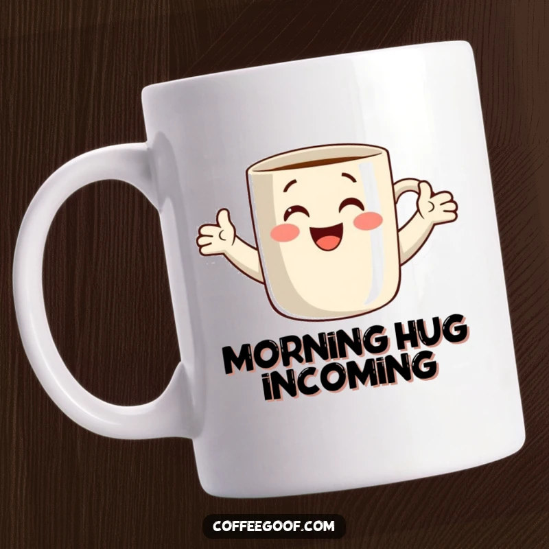 Funny coffee mug with a cheerful face and arms wide open, ready for a warm, comforting hug. This design embodies joy and warmth, perfect for a coffee lover.