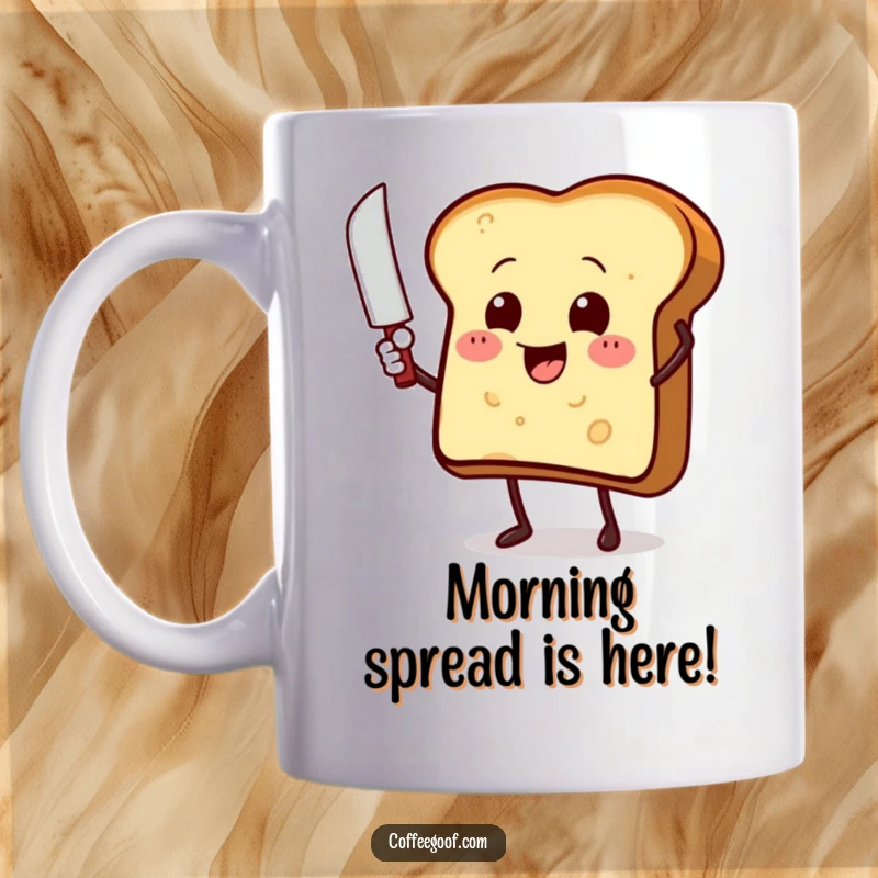 Funny toast character with a butter knife, enthusiastically waving hello on a ceramic coffee mug, a cheerful breakfast cartoon