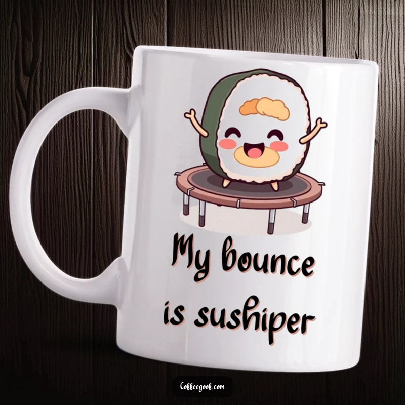 Funny sushi roll character joyfully bouncing high on a trampoline, showcasing energetic fun and a happy vibe.
