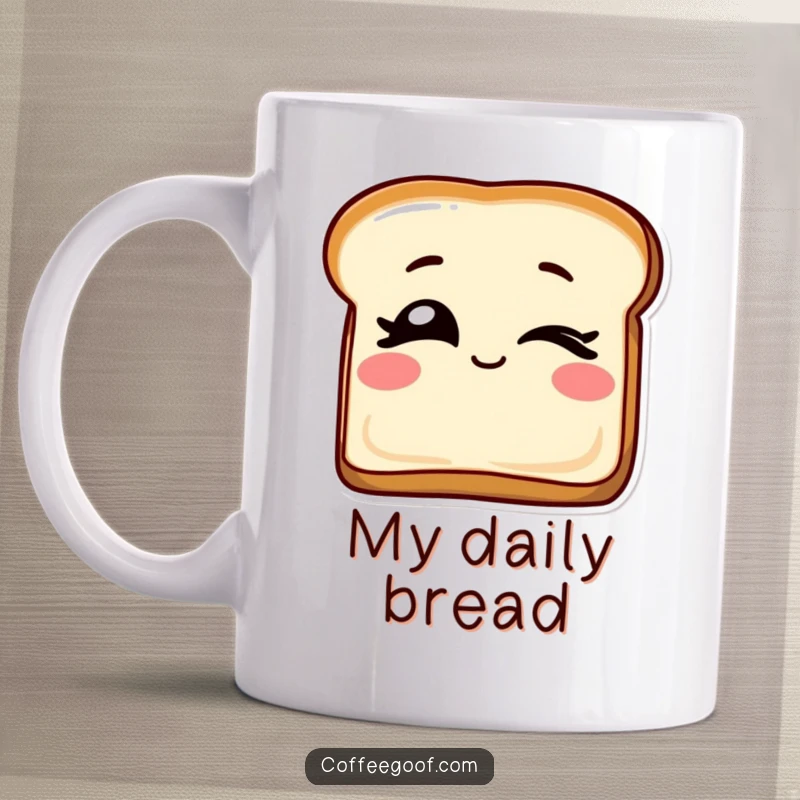 Funny mug showcasing a slice of toast with wide eyes winking playfully, bringing a breakfast-themed cheer to your sips.
