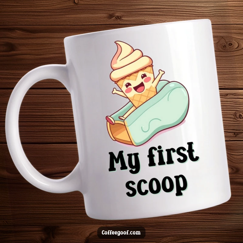 Funny mug with a smiling anthropomorphic ice cream cone gleefully sliding down a colorful slide, spreading happiness.