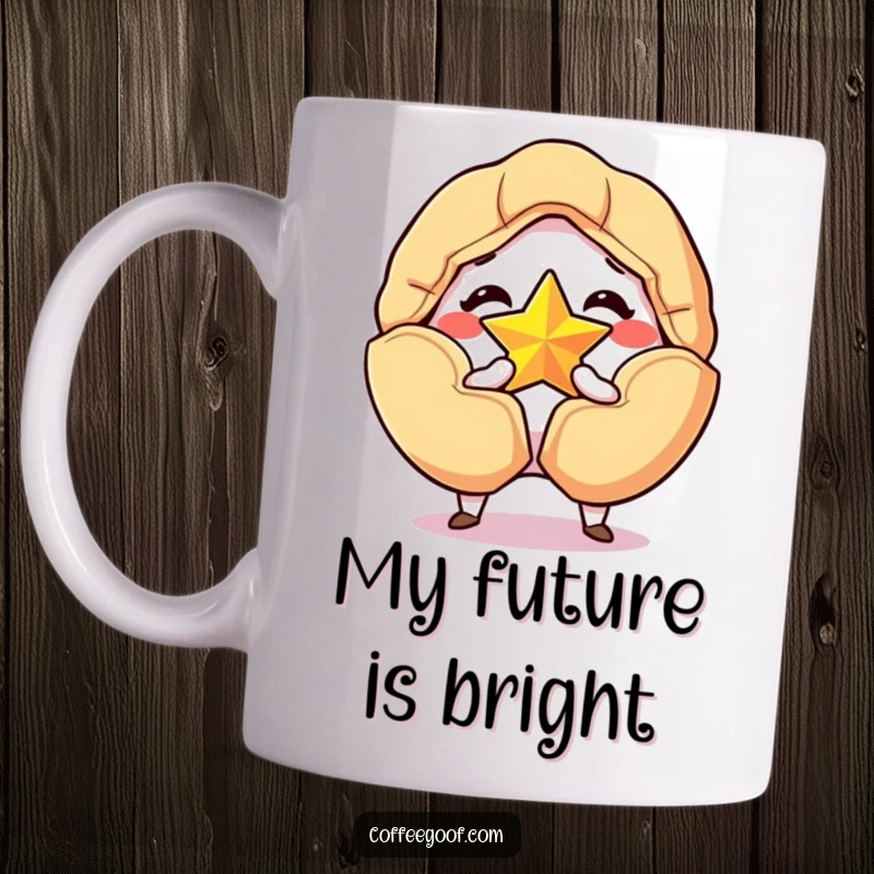 Funny mug featuring a grinning fortune cookie cracking open to reveal a shining golden star, symbolizing luck and humor.