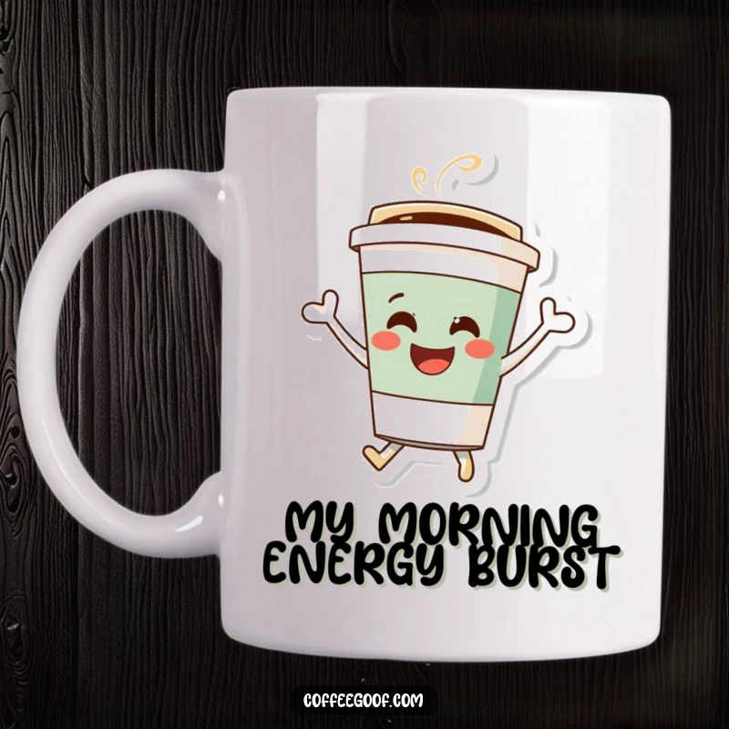 Funny coffee cup mug, a cheerful character bouncing with pure joy and energy, conveying happiness and a love for mornings and coffee.