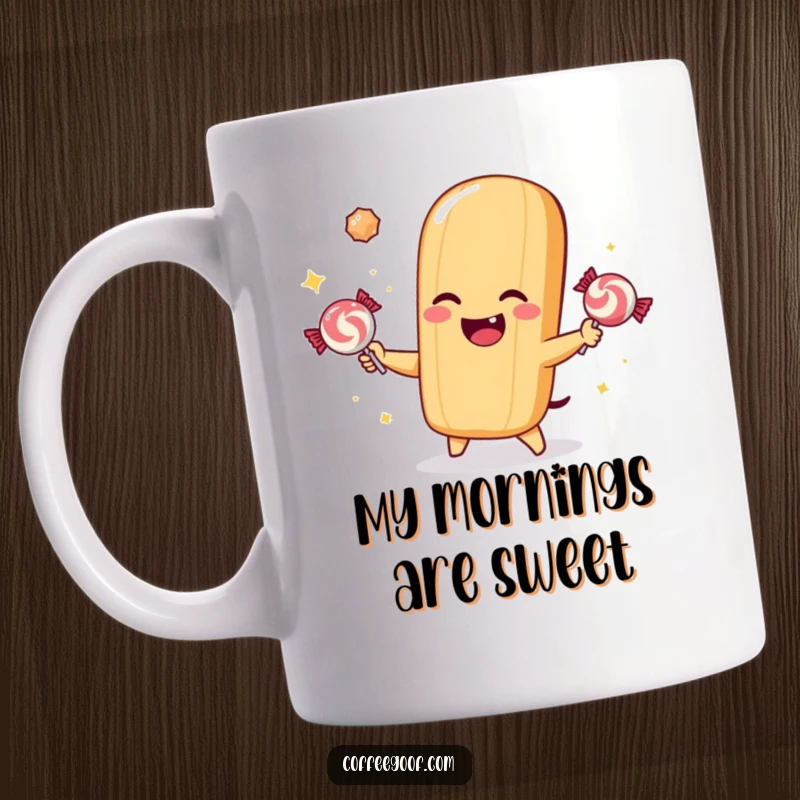 Funny mug showcasing a winking baguette character expertly juggling three sparkling candies with a mischievous grin.