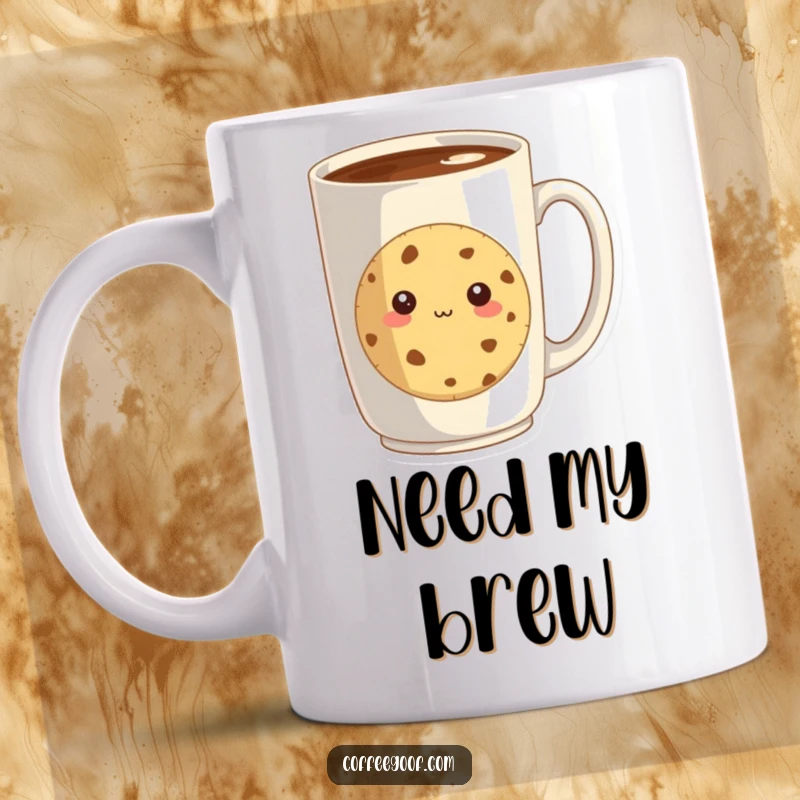 Funny mug with a shy cookie peeking from behind a giant coffee mug, embodying a sweet and hesitant breakfast moment.