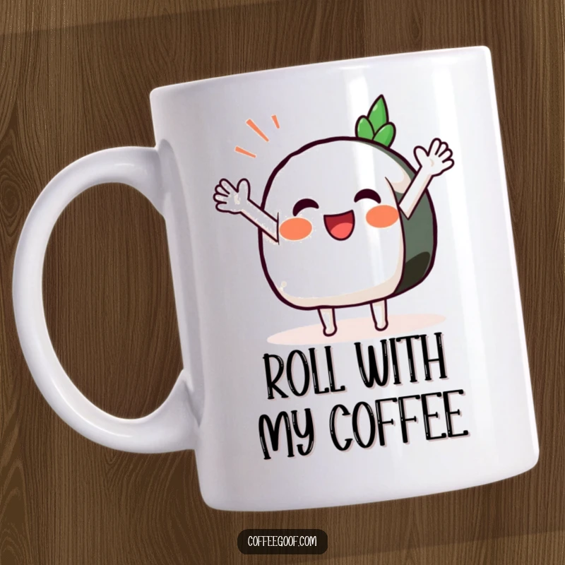 Funny Sushi Mug featuring a smiling anthropomorphic sushi with outstretched arms happily waving hello, radiating friendliness.
