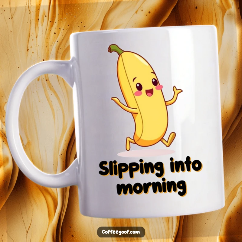 Funny mug depicting a cheerful banana peel executing a comical, exaggerated silly walk with a smile.