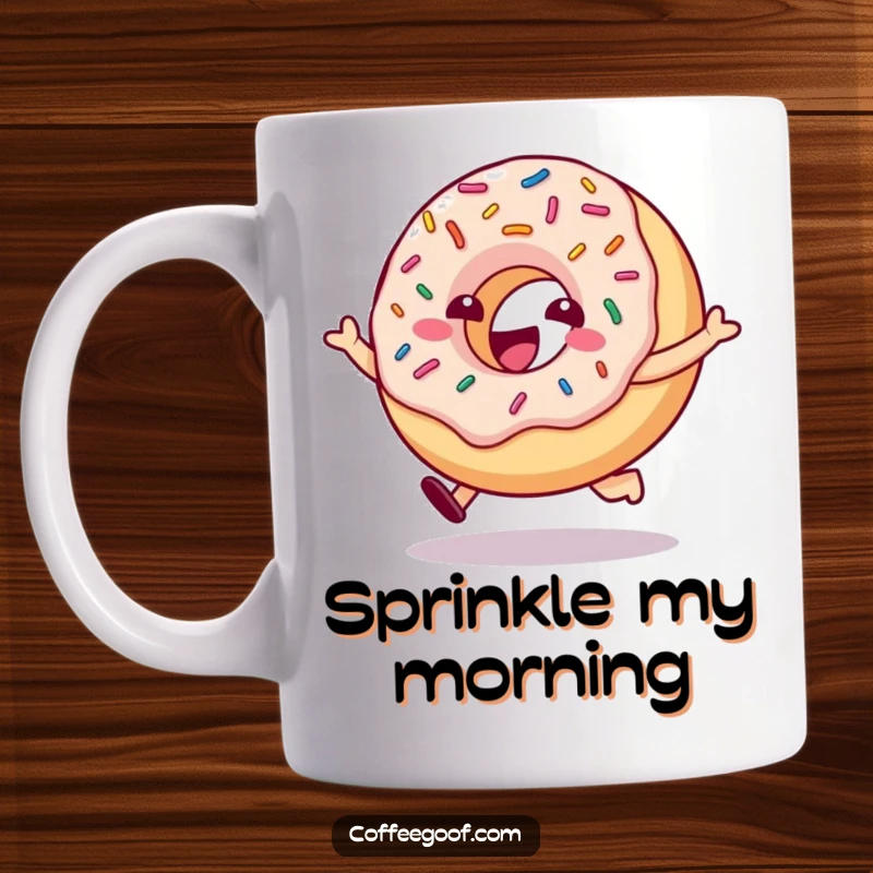 Funny, delighted donut character with bouncing sprinkles, joyfully hopping on a mug, bringing sweet, energetic humor.
