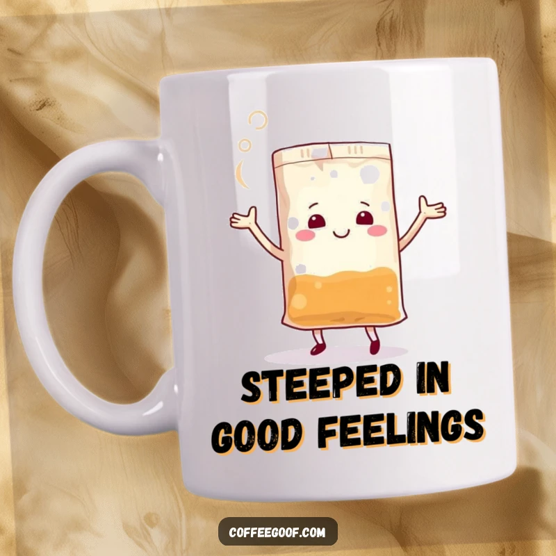 Funny Teabag Mug featuring a cheerful anthropomorphic teabag gleefully dancing with steam rising, perfect for a delightful morning.