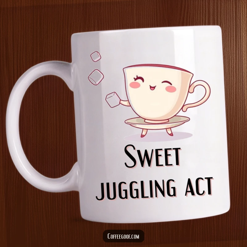 Funny Teacup Character Mug with a winking face juggling sugar cubes, adding playful charm to tea time.