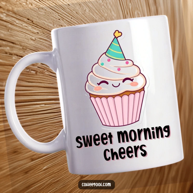 Funny winking cupcake mug, adorned with a party hat, offering a sweet and humorous character for your enjoyment.