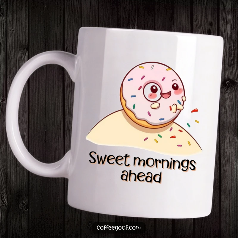 Funny mug featuring a giggling donut character joyfully rolling down a hill, scattering colorful sprinkles everywhere.