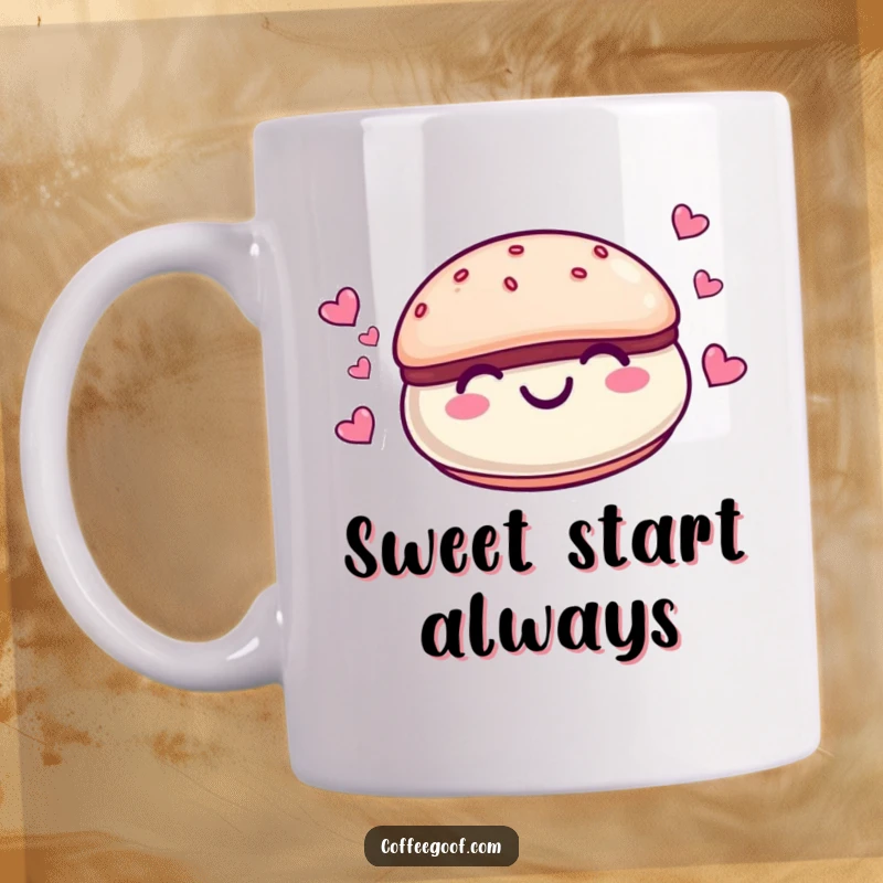 Funny smiling macaroon character with tiny hearts floating around it on a cheerful coffee mug, a cute dessert cartoon