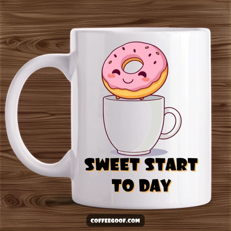 Funny mug depicting a joyful donut mid-air, leaping over a steaming cup of coffee, a delightful breakfast scene.