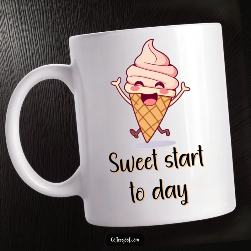 Funny ice cream cone mug featuring an excited cone doing a happy bounce, radiating pure sugary delight.