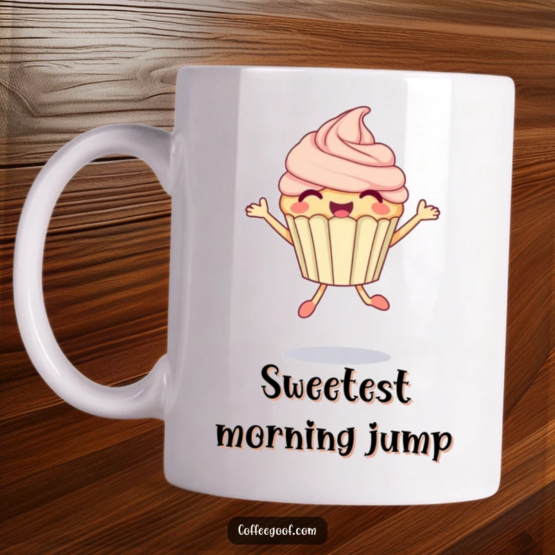 Funny Cupcake Mug featuring a delighted anthropomorphic cupcake performing a bubbly jump, radiating pure happiness.