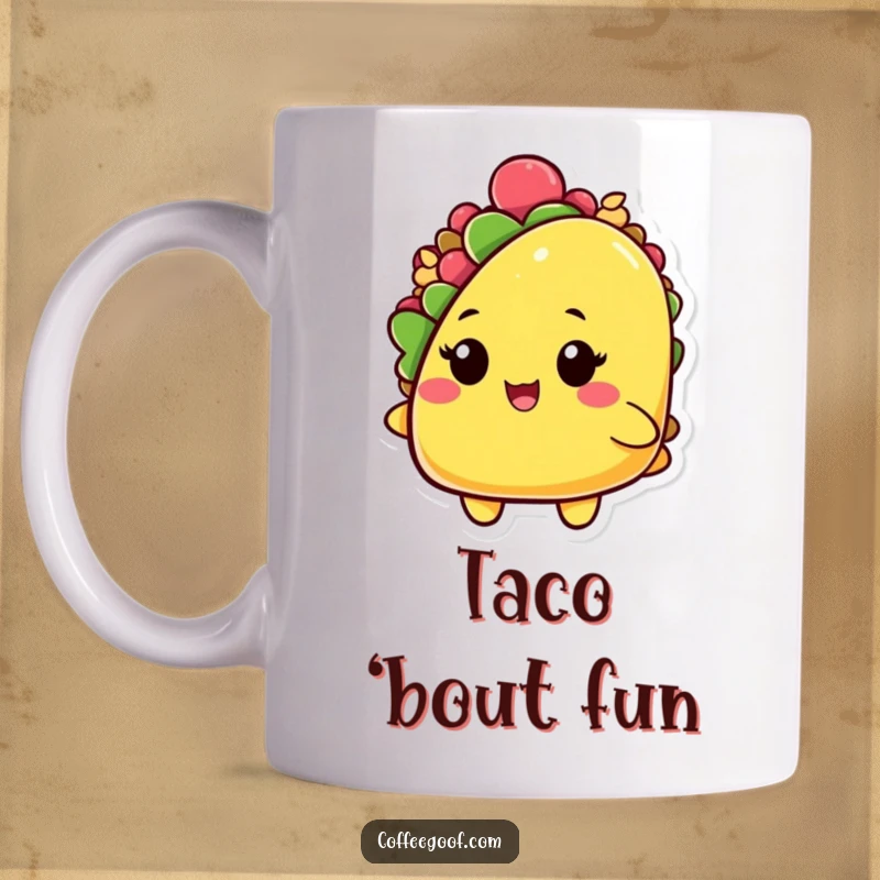 Funny taco character mug, with its shell slightly open, giving a cheeky wink, embodying a fun and festive spirit.