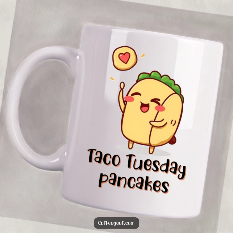 Funny taco character winking and playfully flipping a tiny pancake on a mug, a humorous breakfast delight.