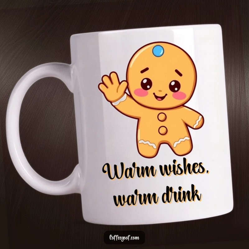 Funny gingerbread cookie mug featuring a cheerful cookie giving a friendly wave, embodying holiday spirit and warmth.
