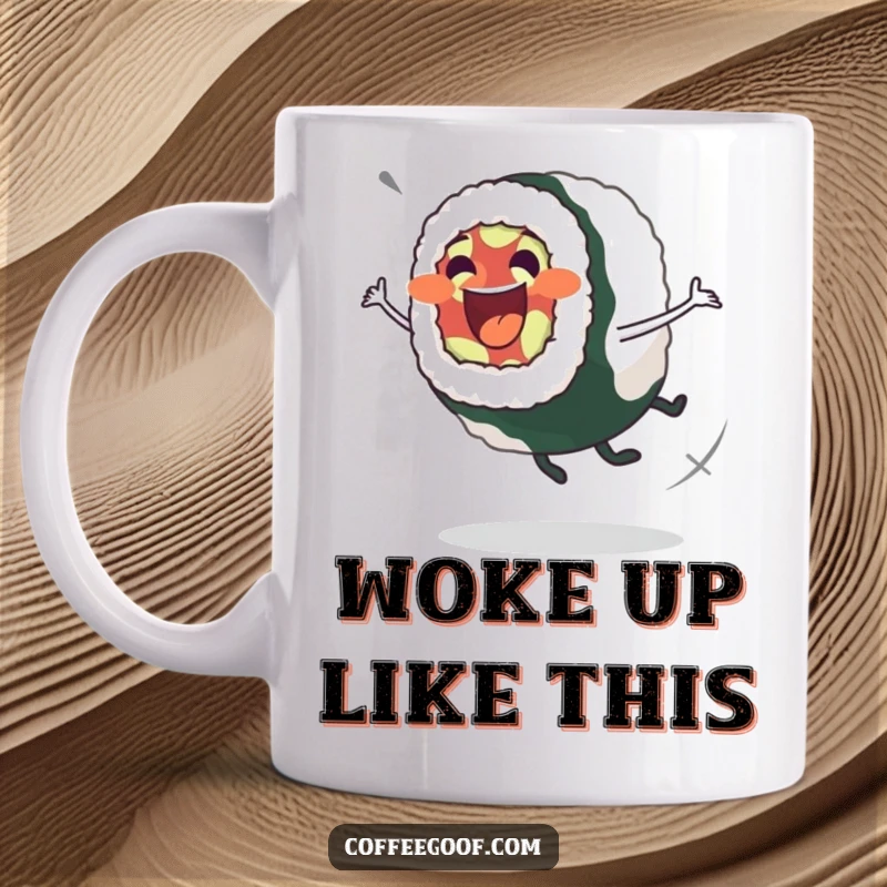 Funny Sushi Roll Mug: Excited sushi roll character performing a graceful, wobbly spin, perfect for sushi enthusiasts.