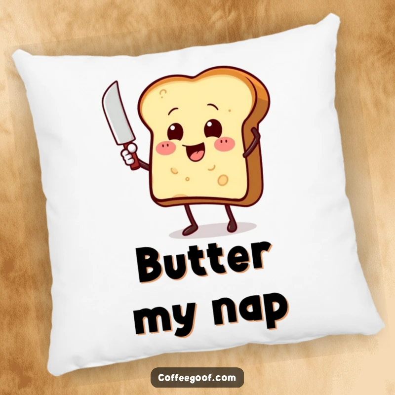 Funny toast character with a butter knife, waving happily on a soft accent pillow, a cute and humorous home decor item