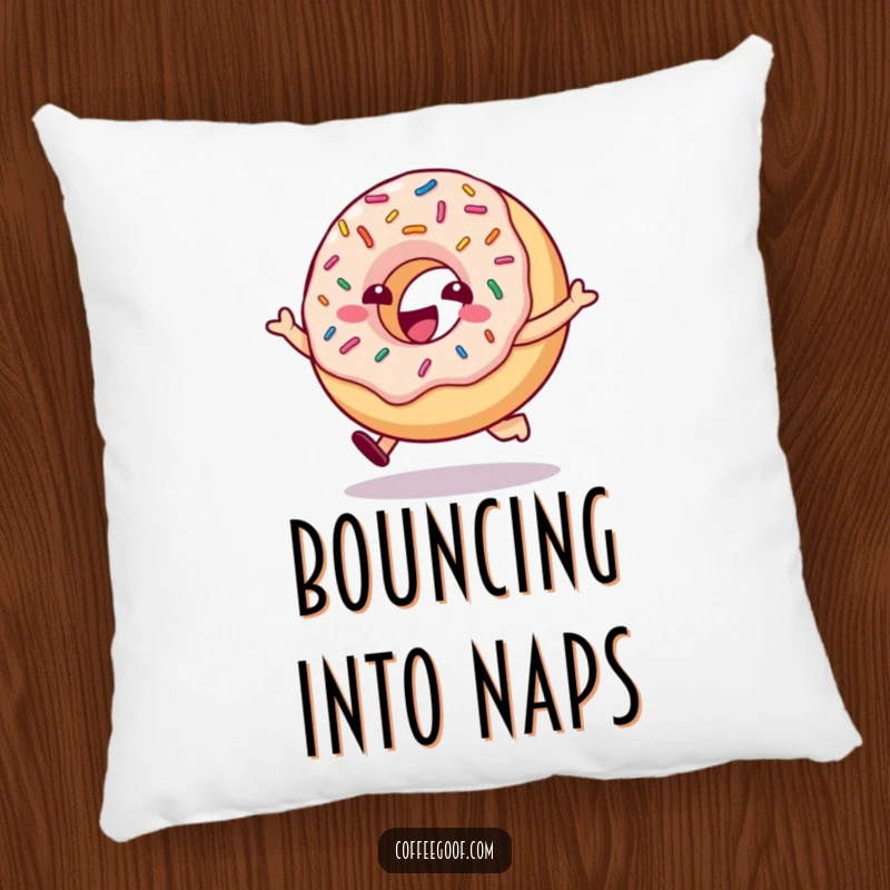 Soft, funny pillow featuring a delighted donut character with bouncing sprinkles, joyfully hopping, adding sweet charm.