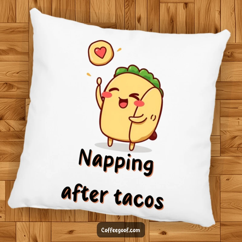 Soft, funny pillow featuring a winking taco character flipping a tiny pancake, adding a humorous touch to any room.
