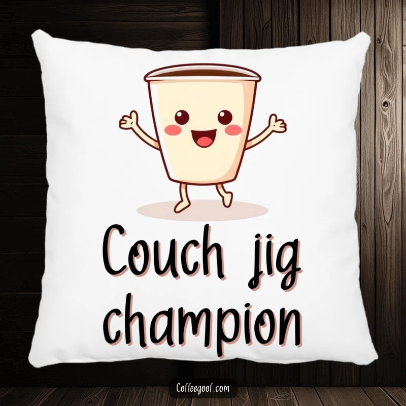 Funny coffee pillow showing a cheerful coffee cup with arms and legs doing a lively jig, adding comfort and humor.