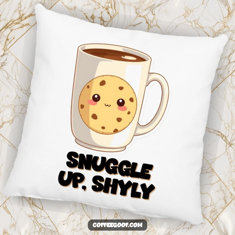 Funny pillow illustrating a shy cookie peeking from behind a giant coffee mug, offering plush comfort and adorable, dessert-themed sweetness.