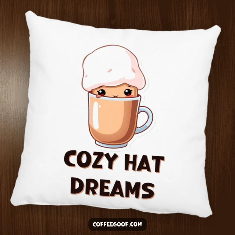 Funny cup of cocoa character wearing a whimsical marshmallow hat on a soft plush pillow, a cozy and cute cartoon item