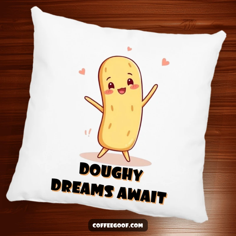 Funny Baguette Pillow featuring a smiling anthropomorphic baguette performing a comical balancing act, offering cozy humor.