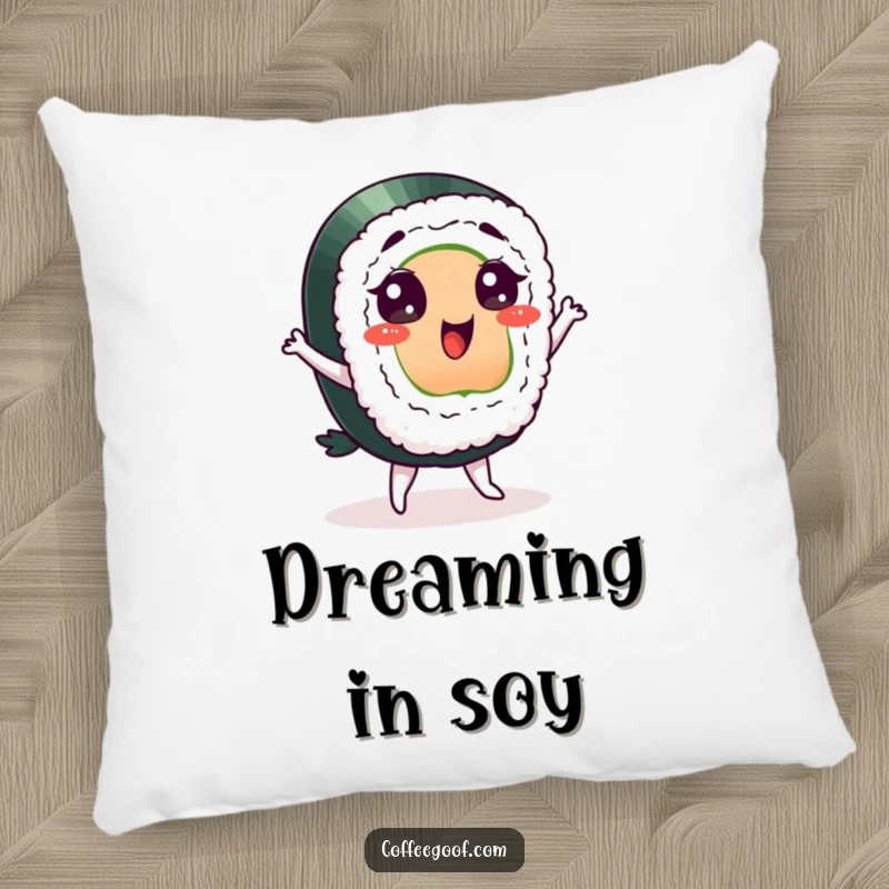 Funny sushi pillow, a delighted character doing a silly dance, perfect for adding comfort and a touch of playful humor.