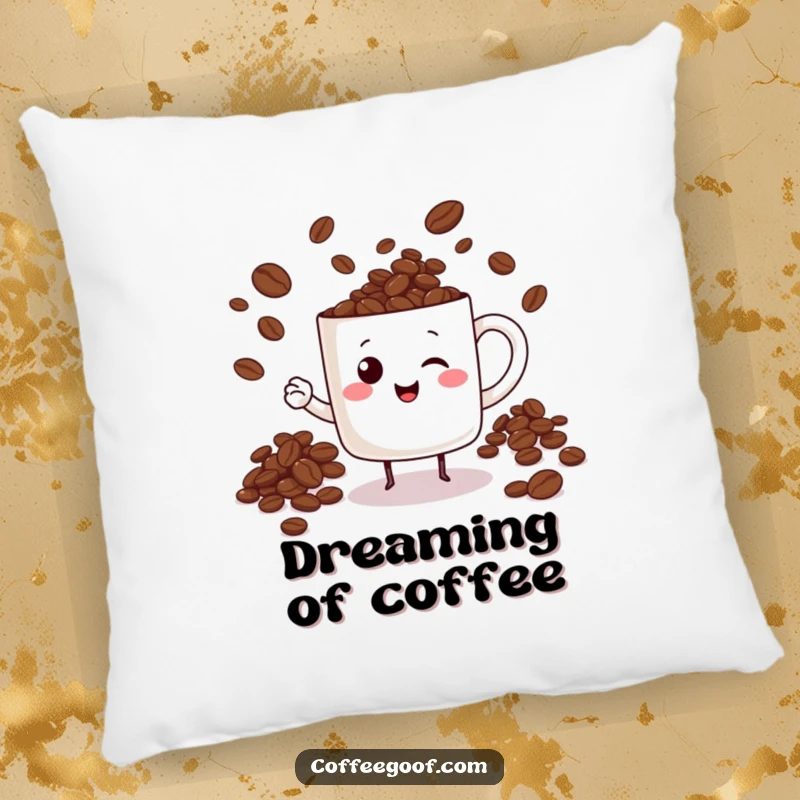 Funny cheerful mug character juggling coffee beans on a soft pillow, perfect for adding humorous comfort to any room.