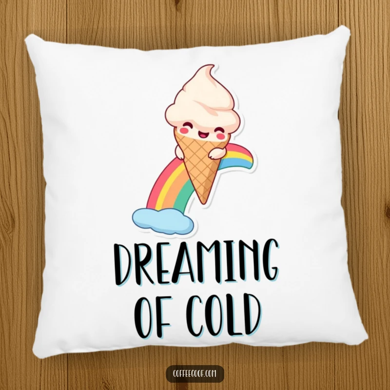 Funny Ice Cream Pillow featuring a smiling anthropomorphic ice cream cone sliding down a rainbow, offering cozy sweetness and comfort.