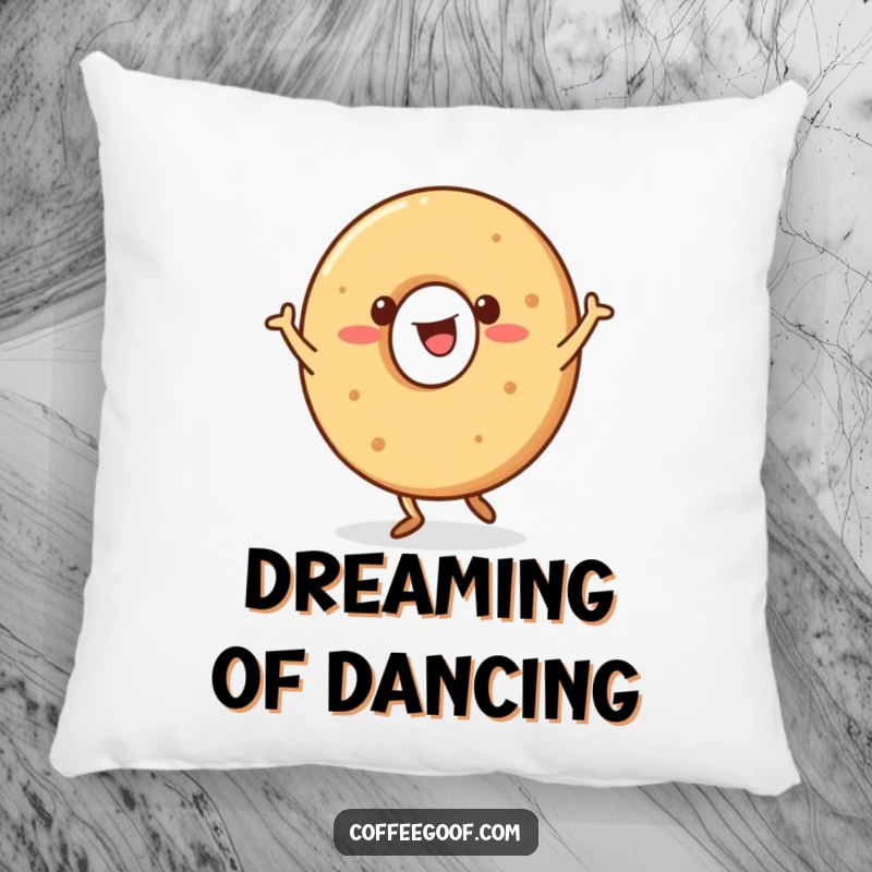 Funny Bagel Pillow showing a happy bagel character doing a jig, perfect for cozy and fun moments.