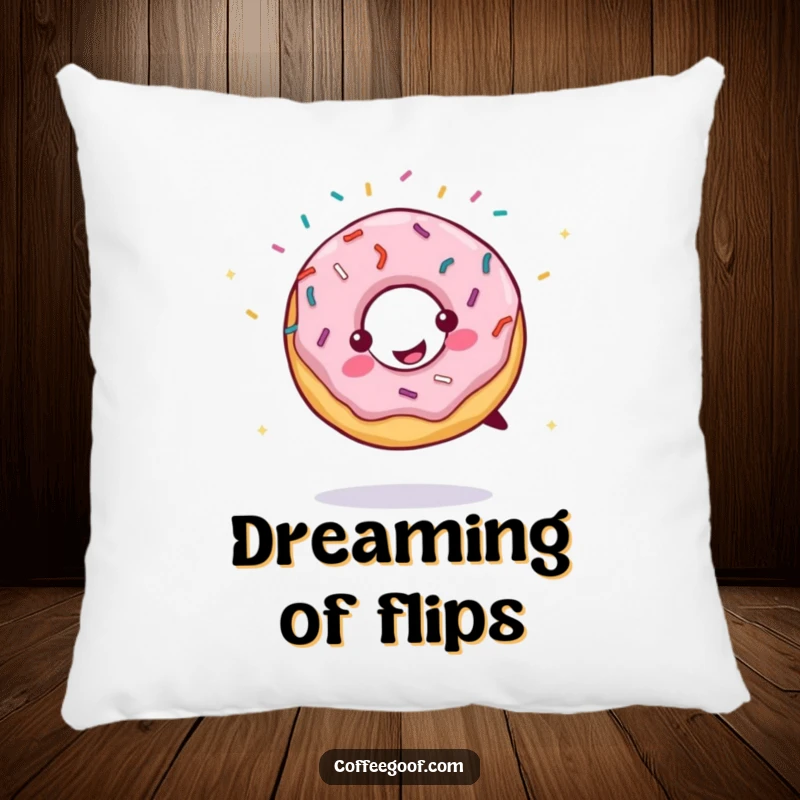 Funny throw pillow with a cute smiling donut doing a cartwheel, sprinkles flying. Soft and decorative, adding sweetness and humor.