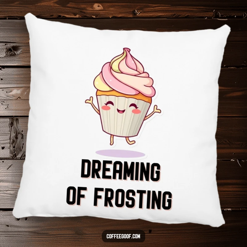 Soft, funny pillow featuring a happy cupcake character dancing with its frosting swirl, adding a touch of sweet charm.
