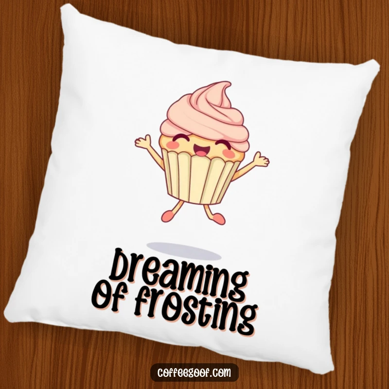 Funny Cupcake Pillow featuring a delighted anthropomorphic cupcake performing a bubbly jump, offering cozy sweetness and comfort.