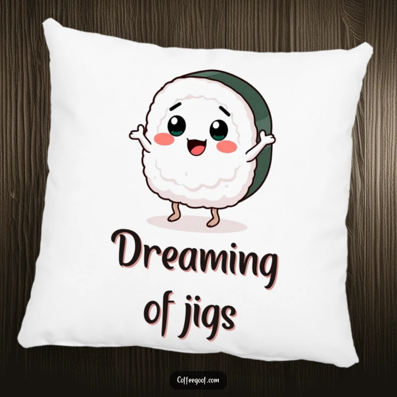 Funny throw pillow with a cute sushi piece energetically doing a jig dance. Soft and decorative, adding humor to any room.